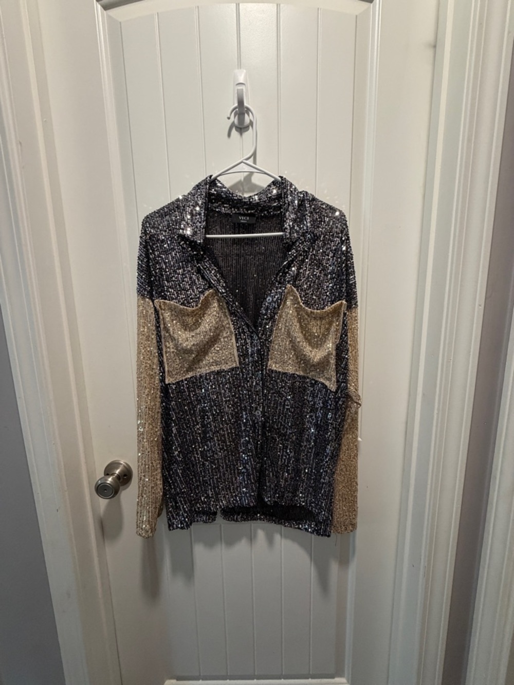 Vici Sequin Button-Front Shirt Jacket in Black and Gold